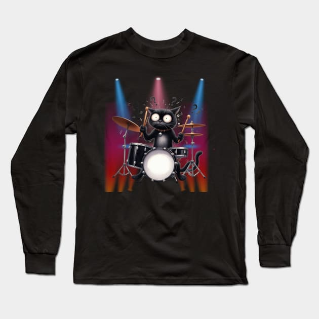 Funny Cat Percussion Drummer Drumming Drums Long Sleeve T-Shirt by Positive Designer